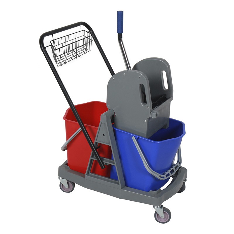 Dubbele Eco-wagen+2 emmers van 18 liter+pers+stuur+mand